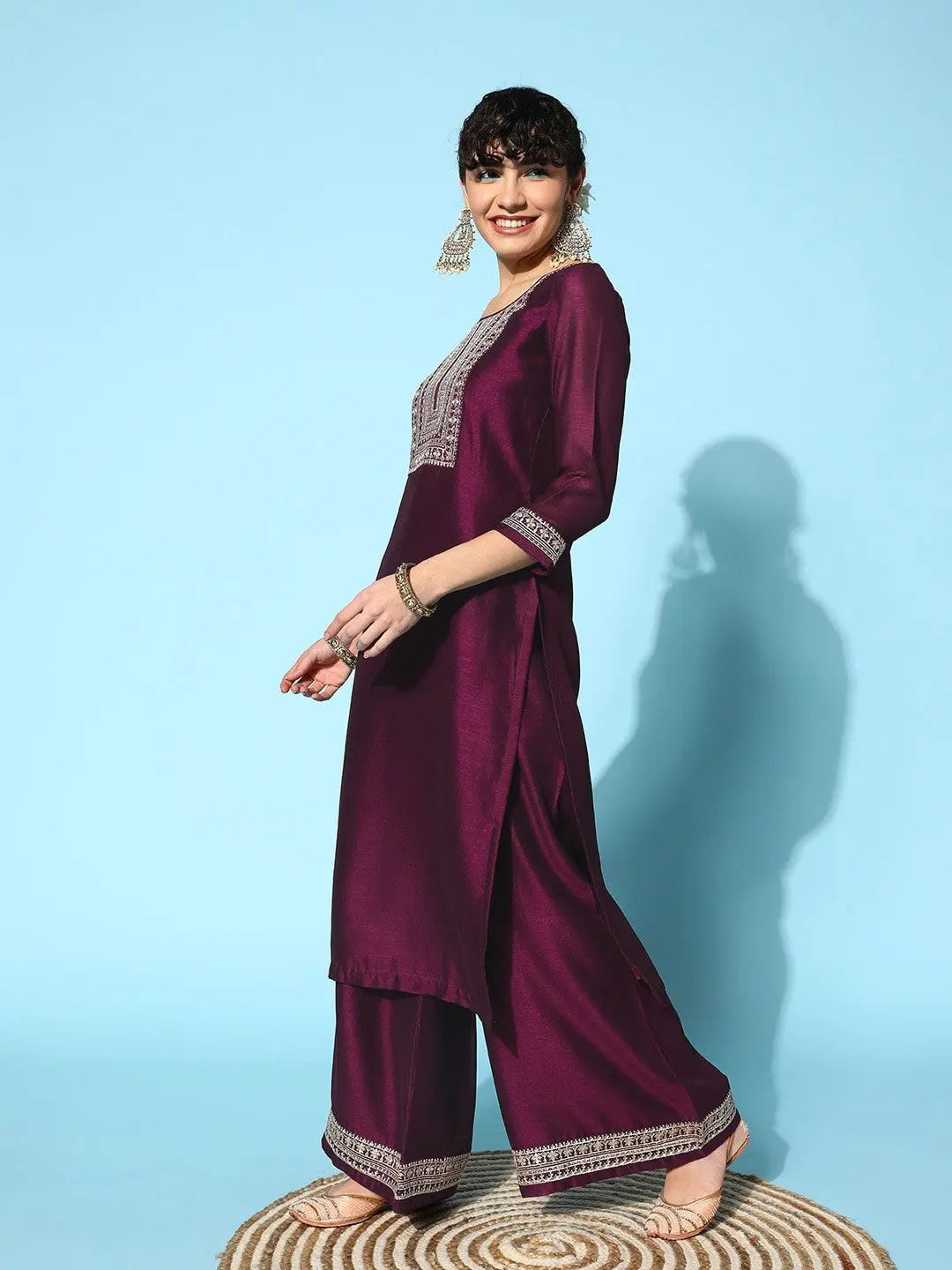 Purple Party Wear Embroidery Worked Kurta With Pant And Duppata Set Desi Soul