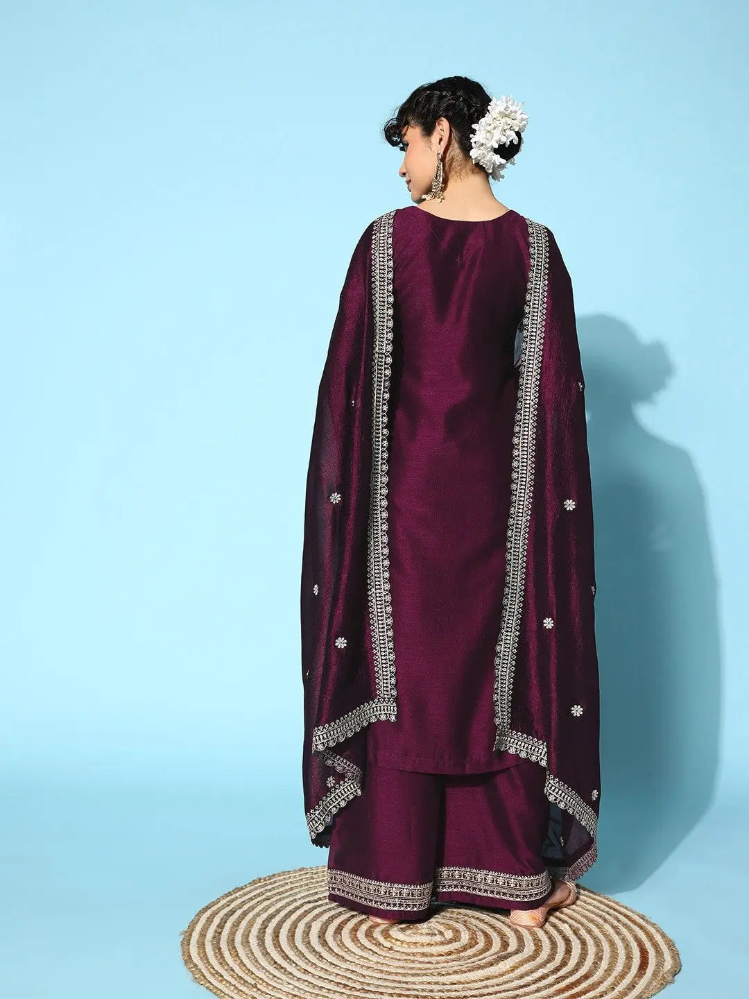 Purple Party Wear Embroidery Worked Kurta With Pant And Duppata Set Desi Soul