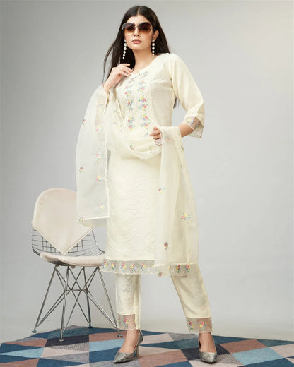 Off White Party Wear Embroidery Worked Kurta With Pant And Duppata Set Desi Soul