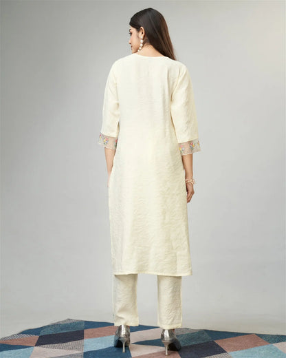 Off White Party Wear Embroidery Worked Kurta With Pant And Duppata Set Desi Soul