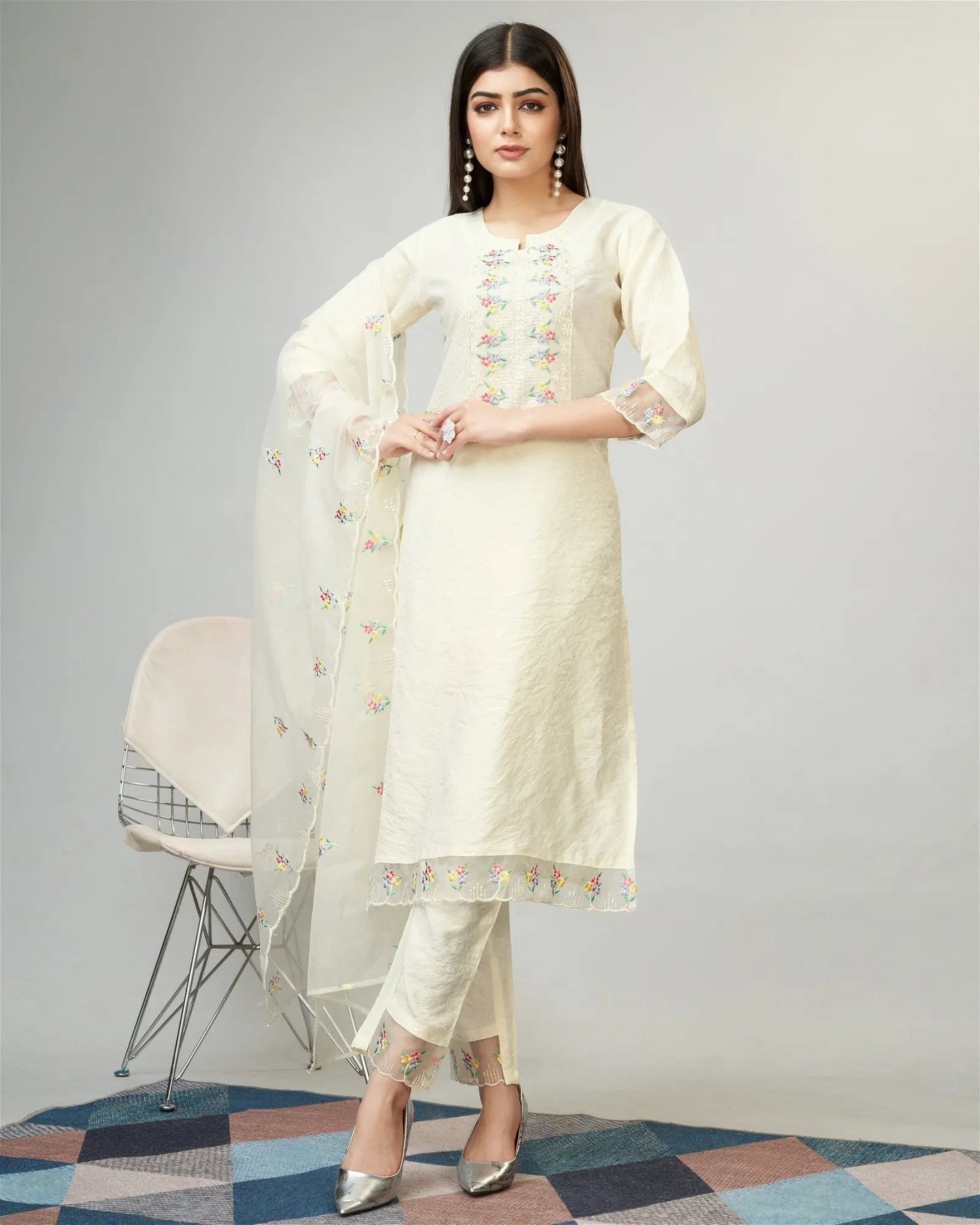 Off White Party Wear Embroidery Worked Kurta With Pant And Duppata Set Desi Soul