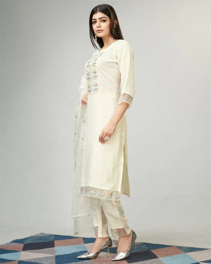 Off White Party Wear Embroidery Worked Kurta With Pant And Duppata Set Desi Soul