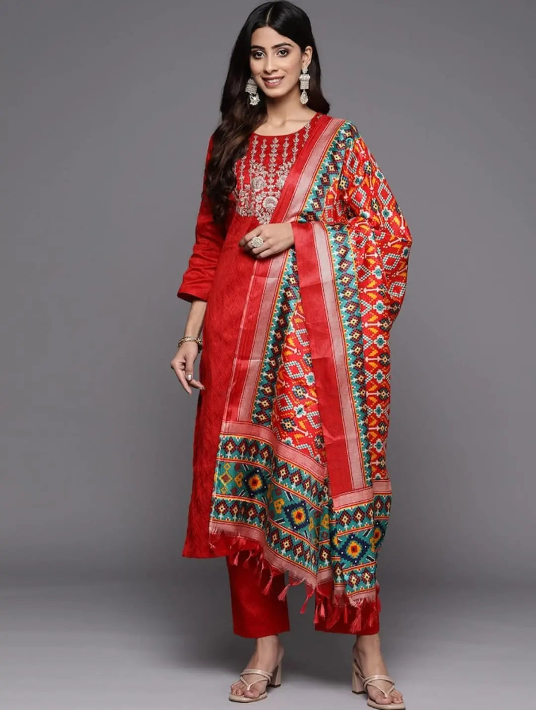 Red Party Wear Embroidery Worked Kurta With Pant And Duppata Set Desi Soul