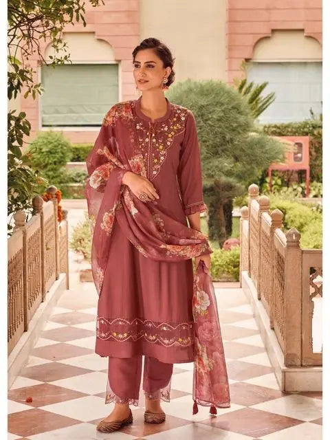 Peach Party Wear Embroidery Worked Kurta With Pant And Duppata Set Desi Soul