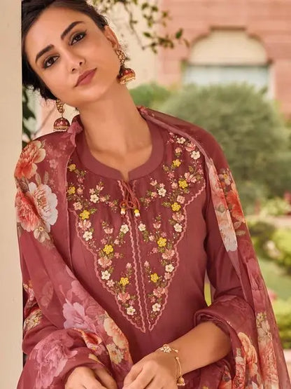 Peach Party Wear Embroidery Worked Kurta With Pant And Duppata Set Desi Soul