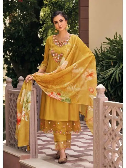 Mustard Party Wear Embroidery Worked Kurta With Pant And Duppata Set Desi Soul