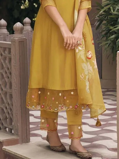 Mustard Party Wear Embroidery Worked Kurta With Pant And Duppata Set Desi Soul