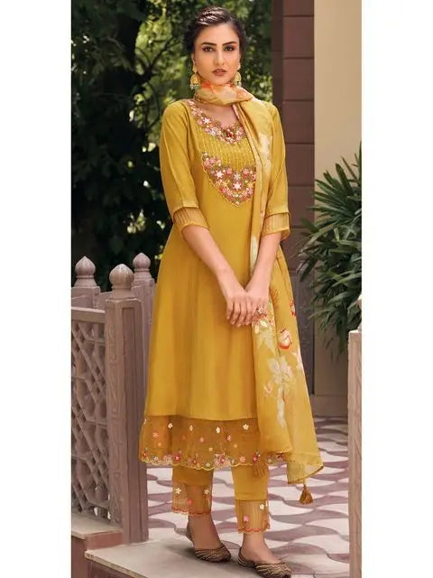 Mustard Party Wear Embroidery Worked Kurta With Pant And Duppata Set Desi Soul