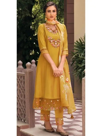 Mustard Party Wear Embroidery Worked Kurta With Pant And Duppata Set Desi Soul