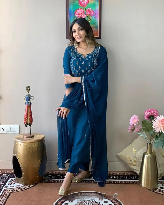 Blue Party Wear Embroidery Worked Kurta With Pant And Duppata Set Desi Soul