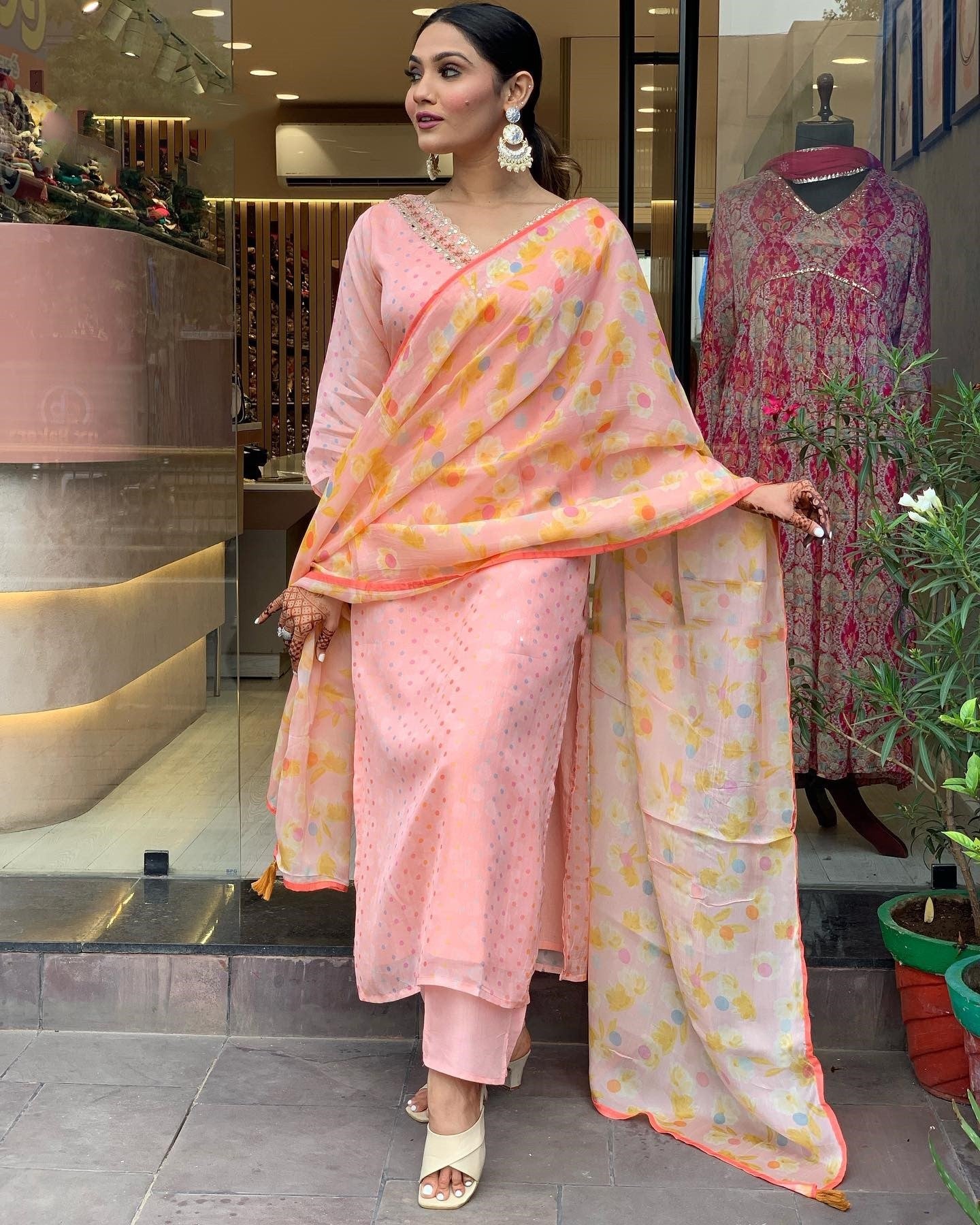 Peach Party Wear Embroidery Worked Kurta With Pant And Duppata Set Desi Soul