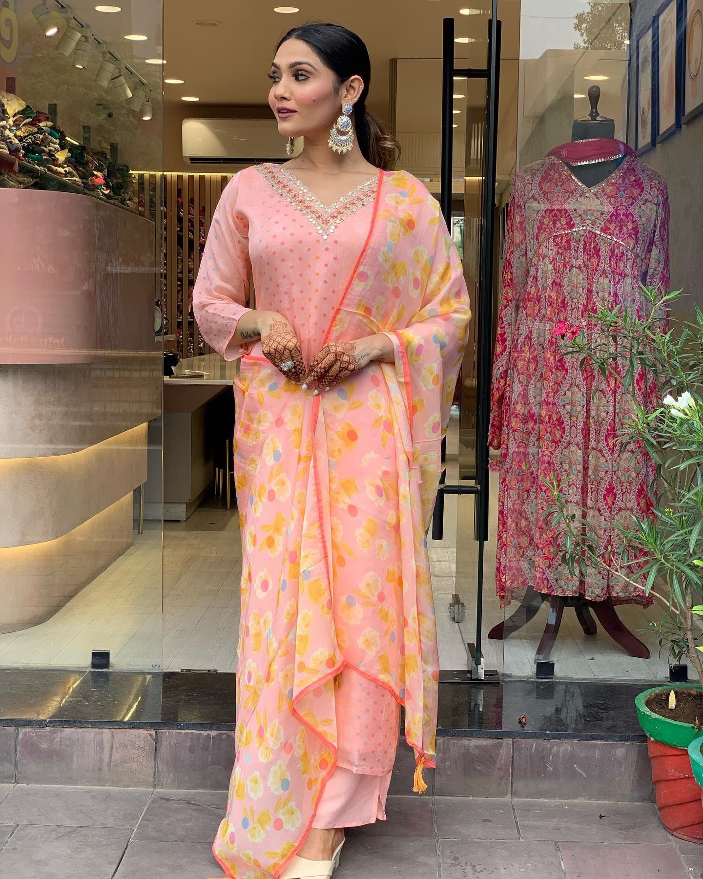 Peach Party Wear Embroidery Worked Kurta With Pant And Duppata Set Desi Soul