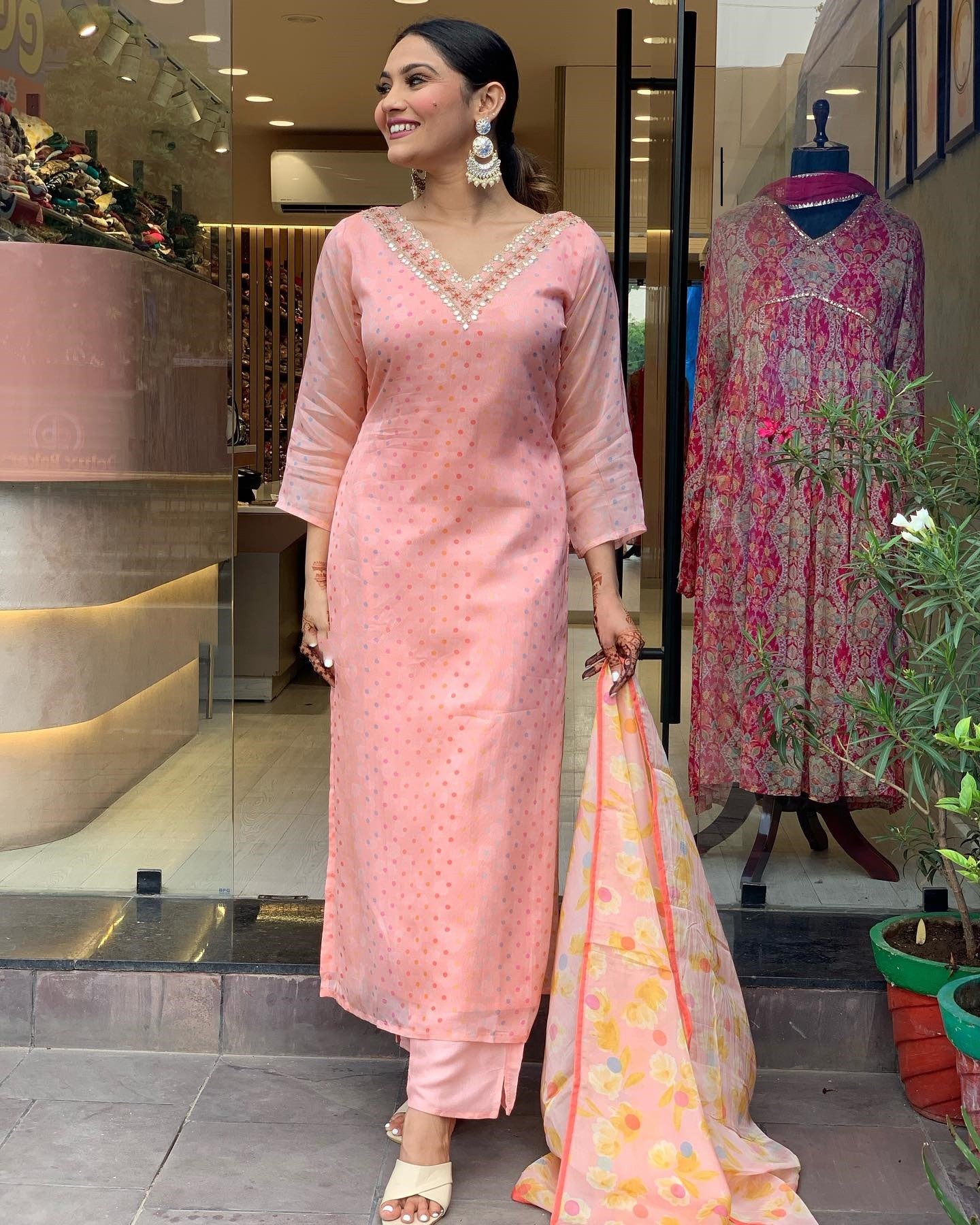 Peach Party Wear Embroidery Worked Kurta With Pant And Duppata Set Desi Soul