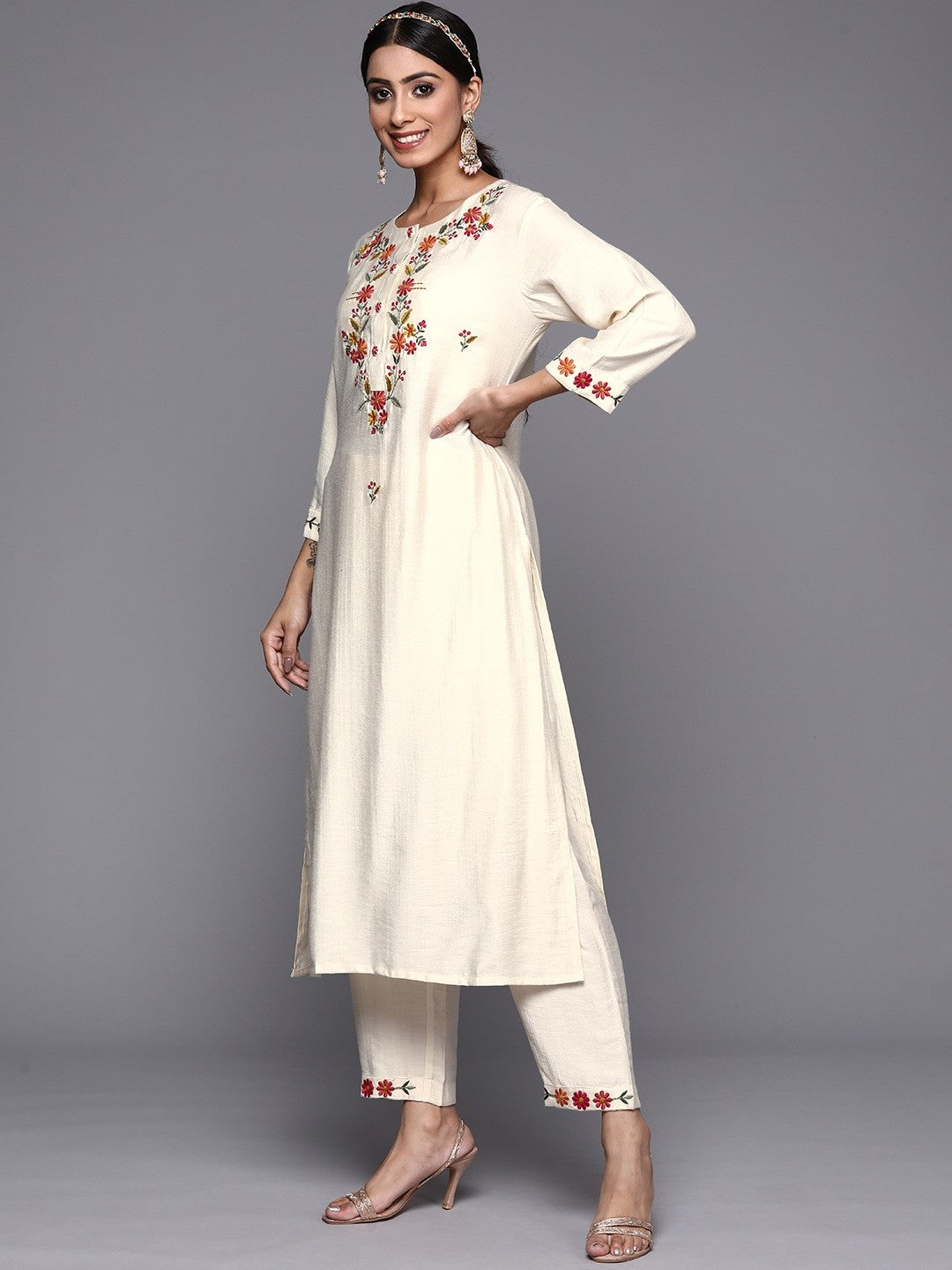 Off White Party Wear Embroidery Worked Kurta With Pant And Duppata Set Desi Soul