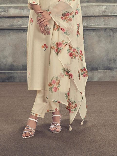 Off White Party Wear Embroidery Worked Kurta With Pant And Duppata Set Desi Soul