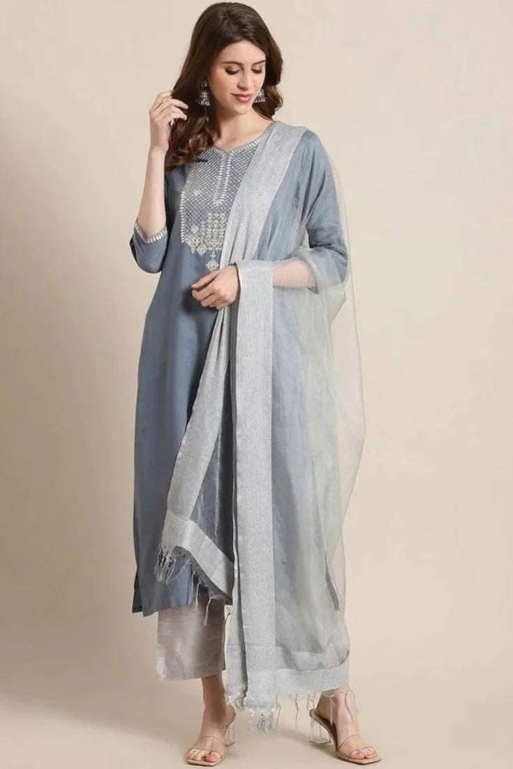 Grey Party Wear Embroidery Worked Kurta With Pant And Duppata Set Desi Soul