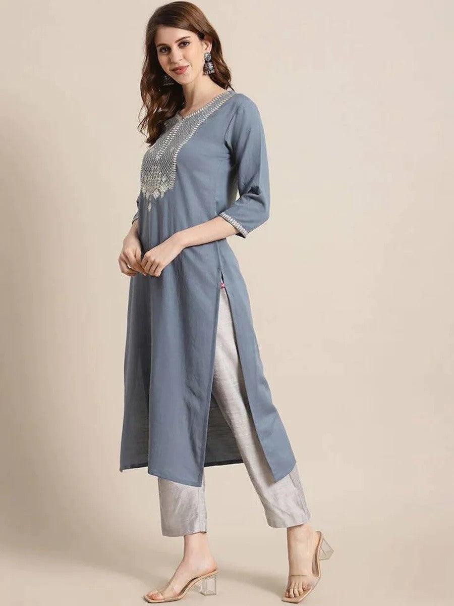 Grey Party Wear Embroidery Worked Kurta With Pant And Duppata Set Desi Soul