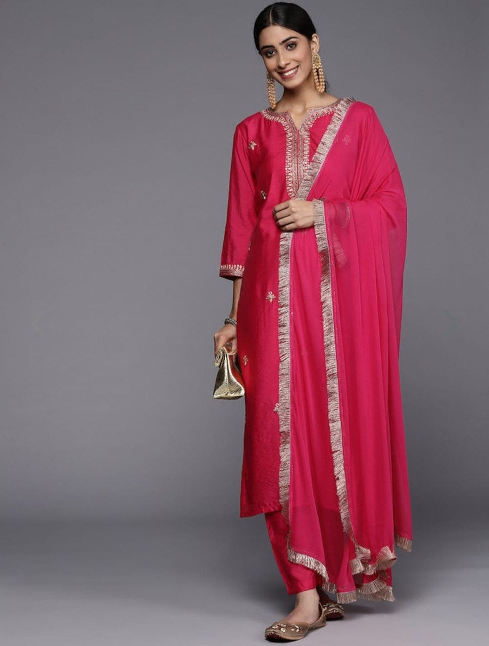 Red Party Wear Embroidery Worked Kurta With Pant And Duppata Set Desi Soul