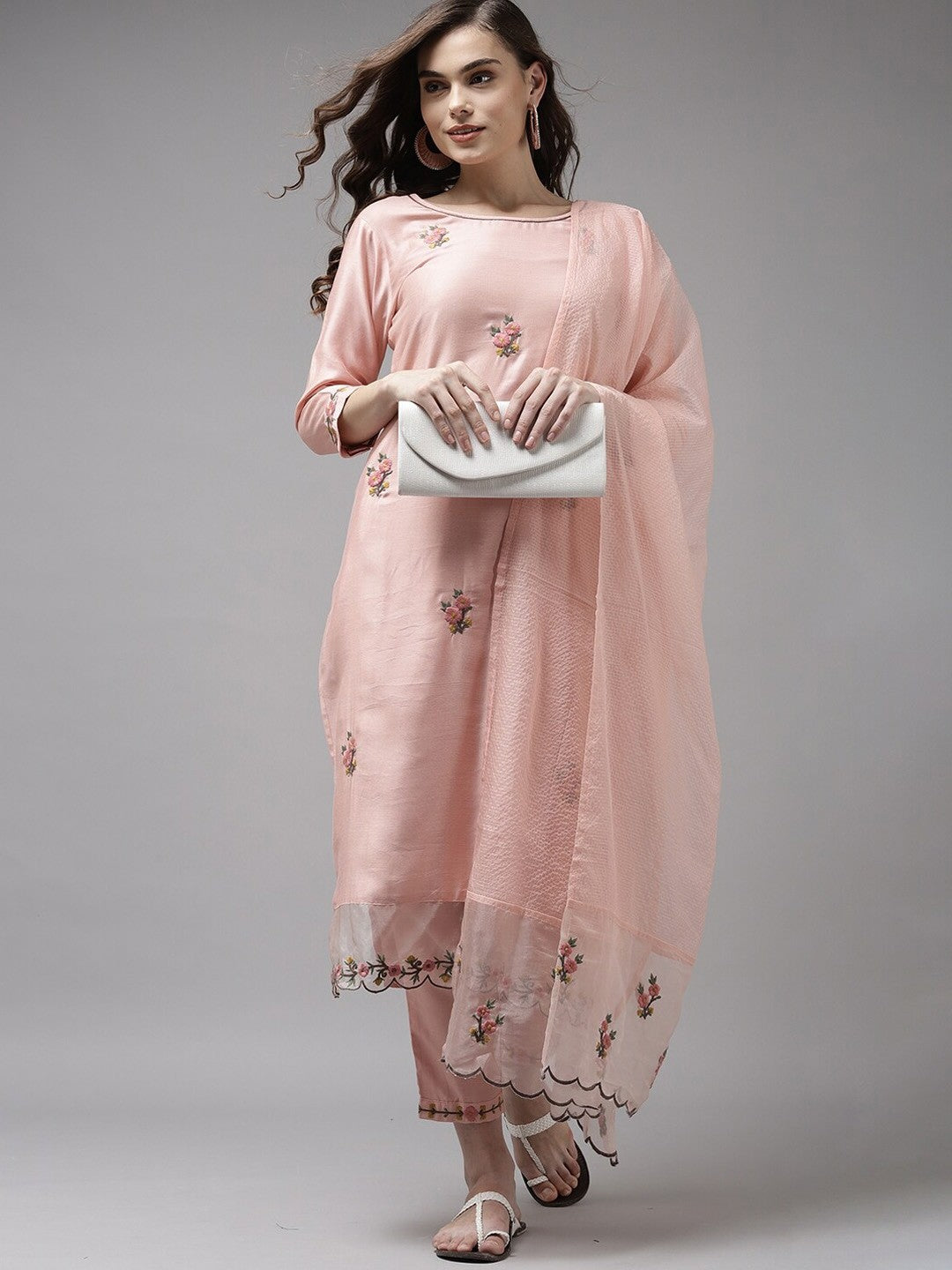 Peach Party Wear Embroidery Worked Kurta With Pant And Duppata Set Desi Soul