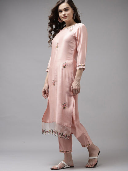 Peach Party Wear Embroidery Worked Kurta With Pant And Duppata Set Desi Soul