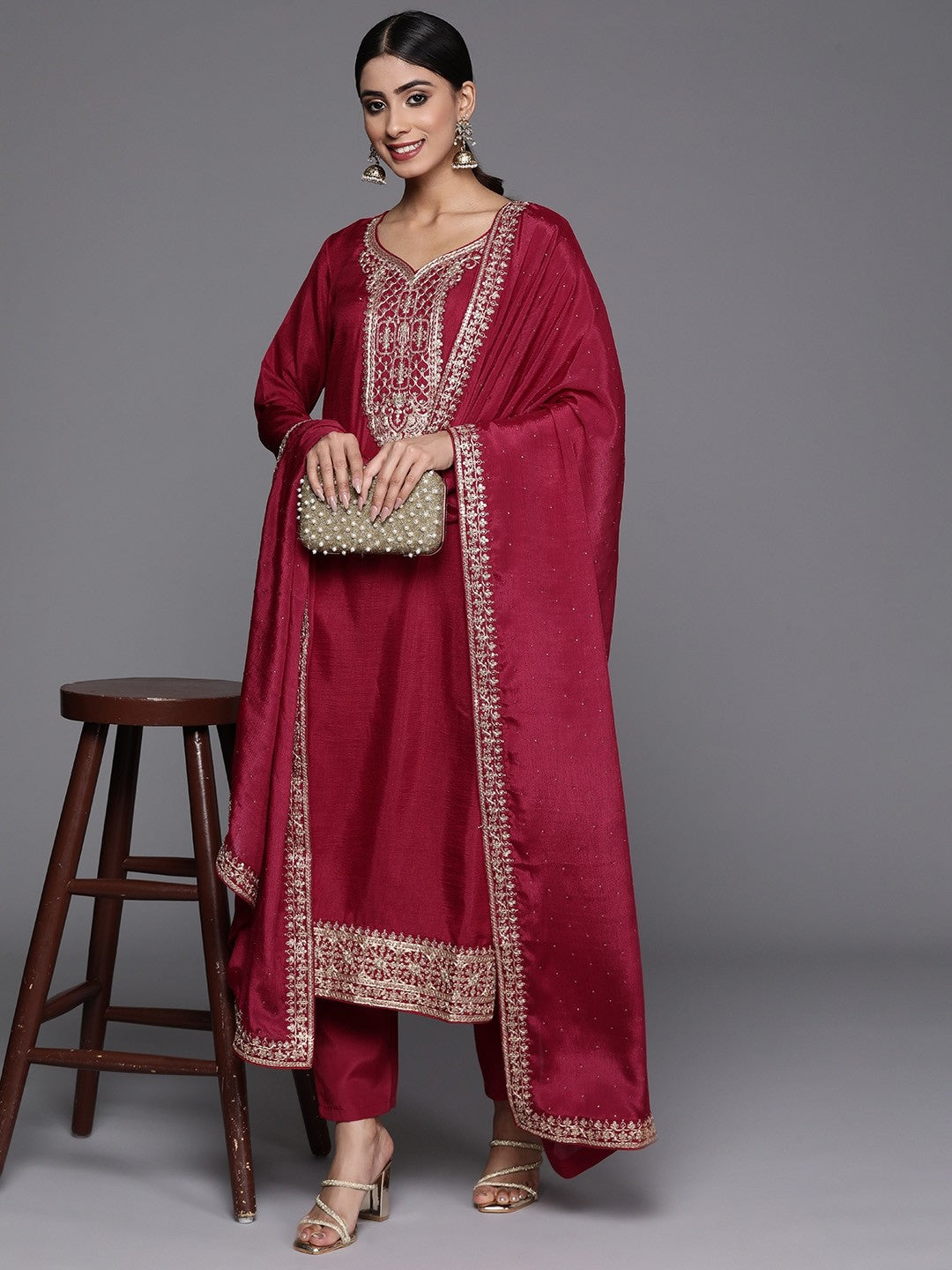 Marron Party Wear Embroidery Worked Kurta With Pant And Duppata Set Desi Soul