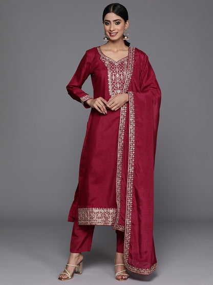 Marron Party Wear Embroidery Worked Kurta With Pant And Duppata Set Desi Soul