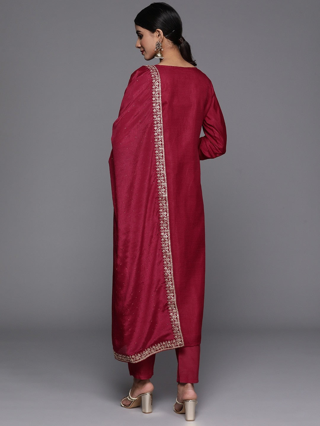 Marron Party Wear Embroidery Worked Kurta With Pant And Duppata Set Desi Soul