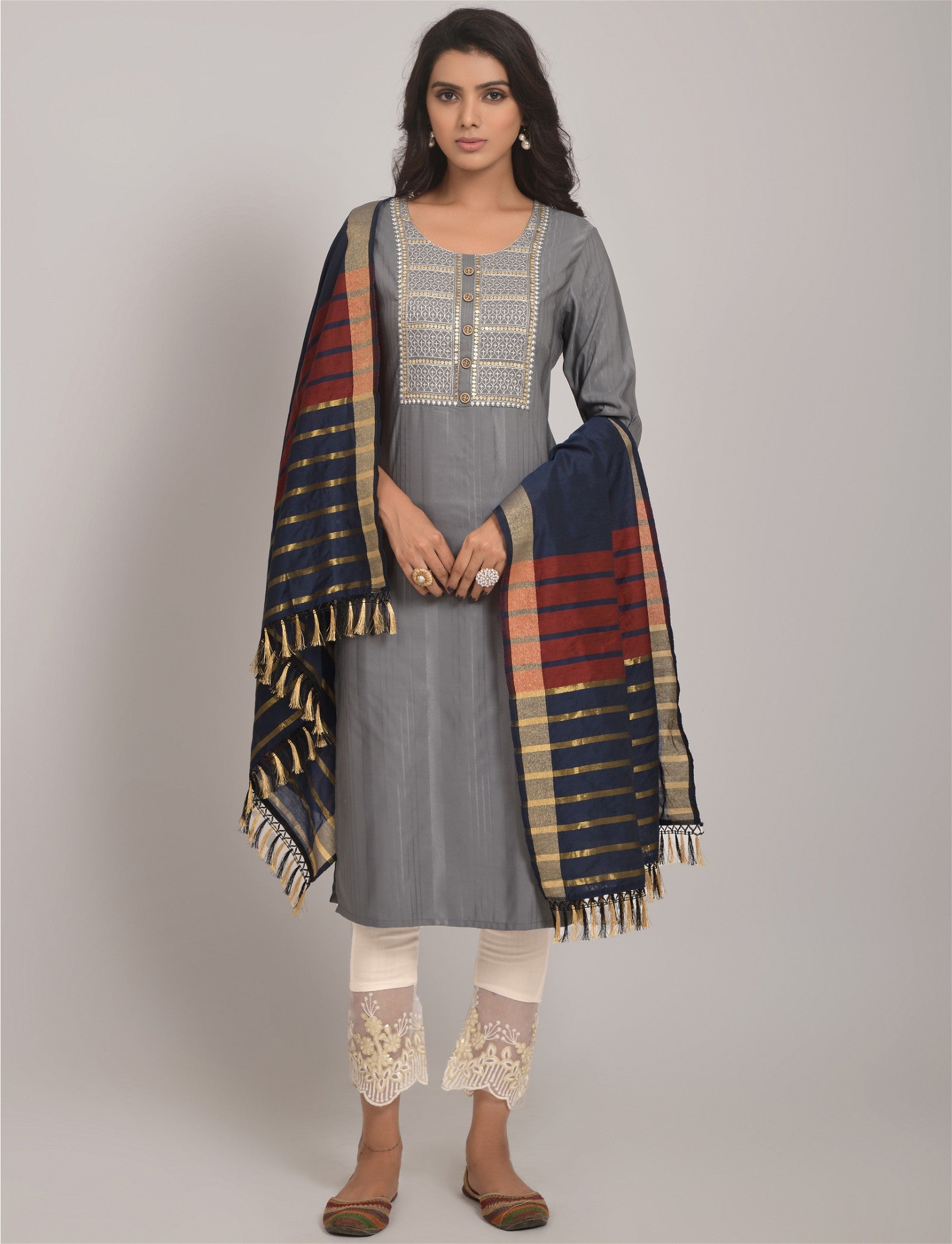 Grey Party Wear Embroidery Worked Kurta With Pant And Duppata Set Desi Soul