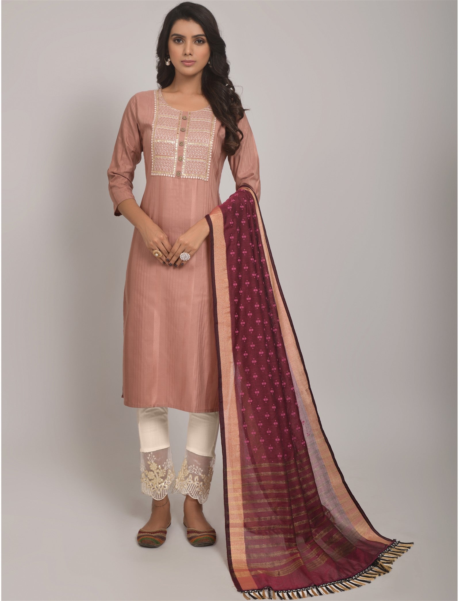 Peach Party Wear Embroidery Worked Kurta With Pant And Duppata Set Desi Soul