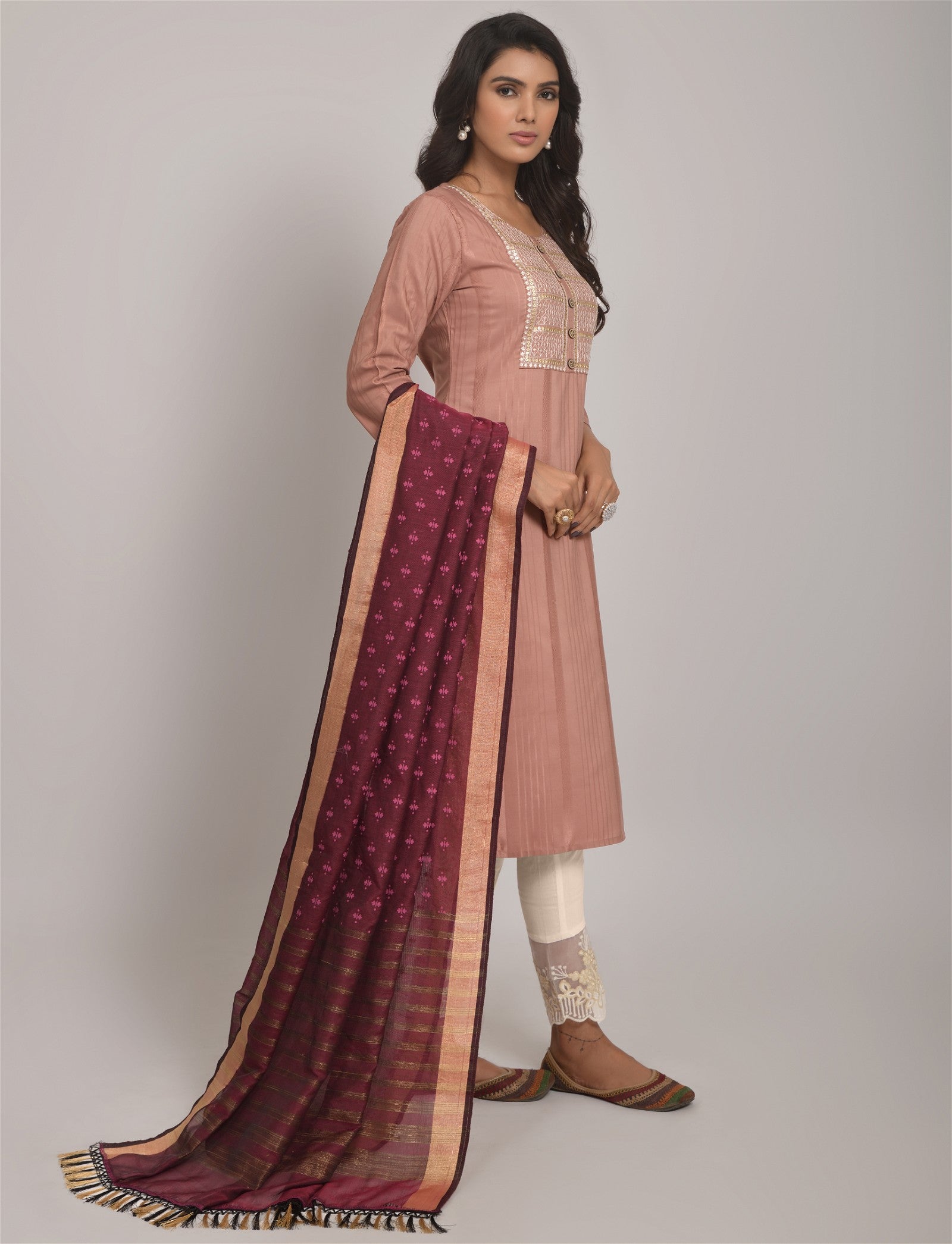 Peach Party Wear Embroidery Worked Kurta With Pant And Duppata Set Desi Soul