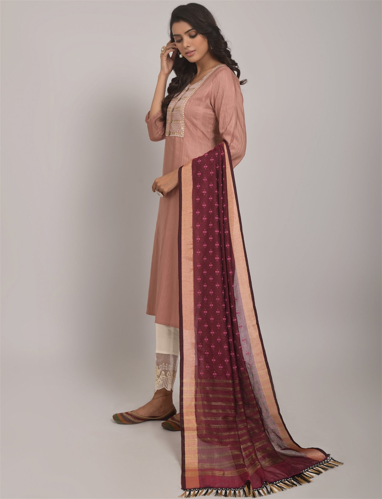 Peach Party Wear Embroidery Worked Kurta With Pant And Duppata Set Desi Soul