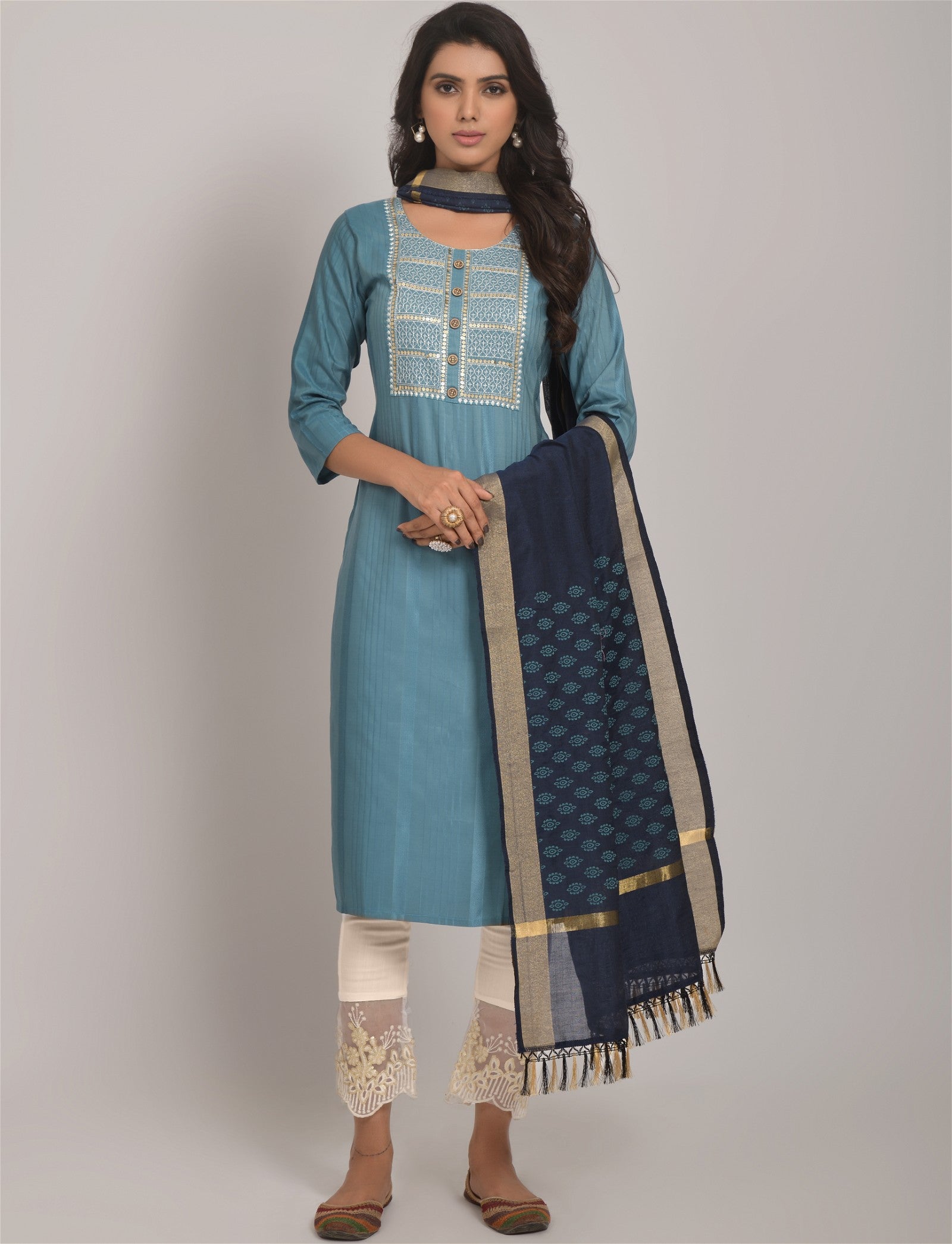 Sky Blue Party Wear Embroidery Worked Kurta With Pant And Duppata Set Desi Soul