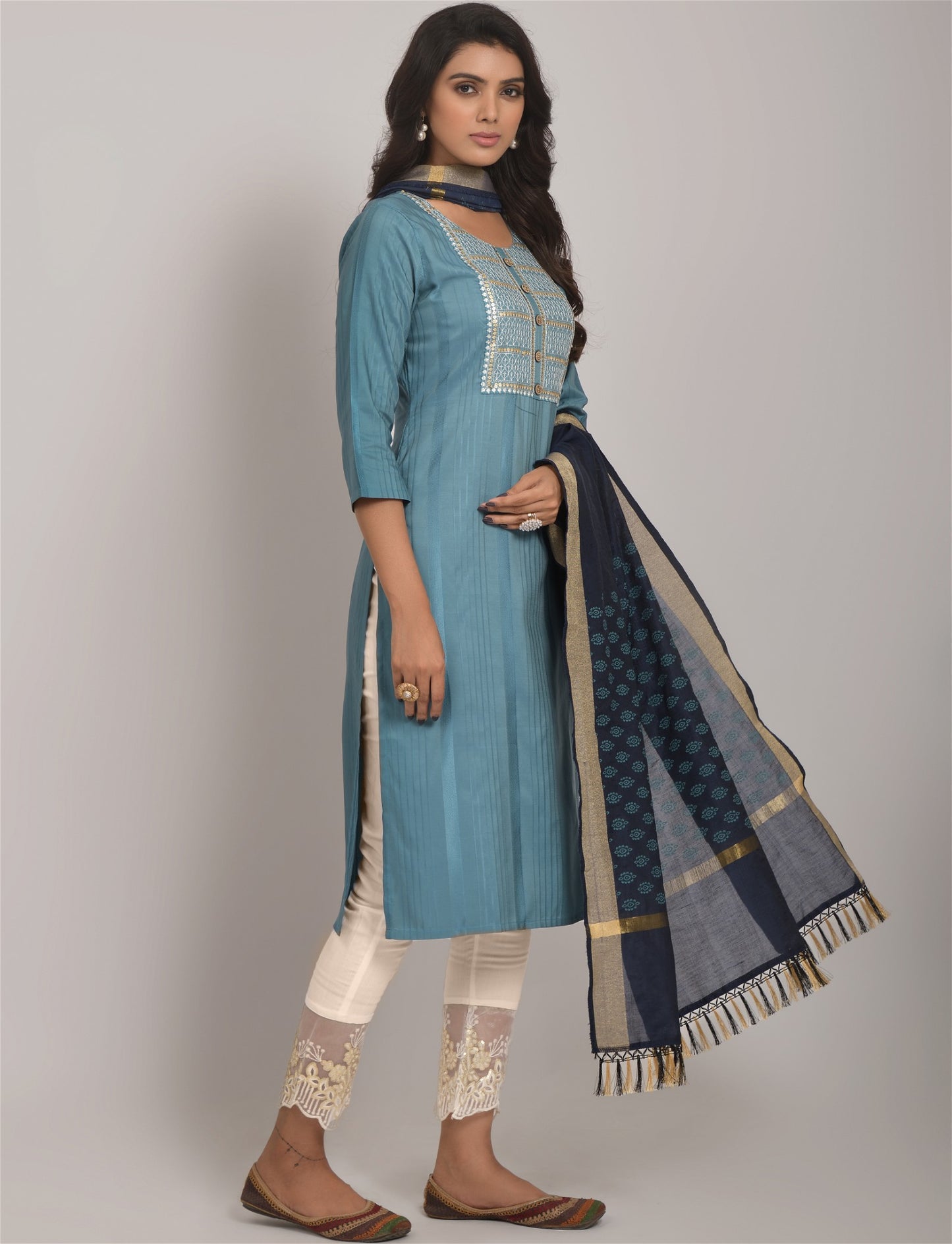 Sky Blue Party Wear Embroidery Worked Kurta With Pant And Duppata Set Desi Soul