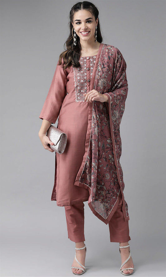 Peach Party Wear Embroidery Worked Kurta With Pant And Duppata Set Desi Soul