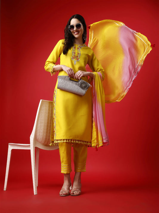 Yellow Party Wear Embroidery Worked Kurta With Pant And Duppata Set Desi Soul