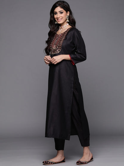 Black Party Wear Embroidery Worked Kurta With Pant And Duppata Set Desi Soul