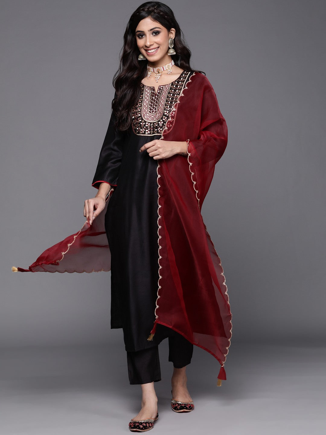 Black Party Wear Embroidery Worked Kurta With Pant And Duppata Set Desi Soul