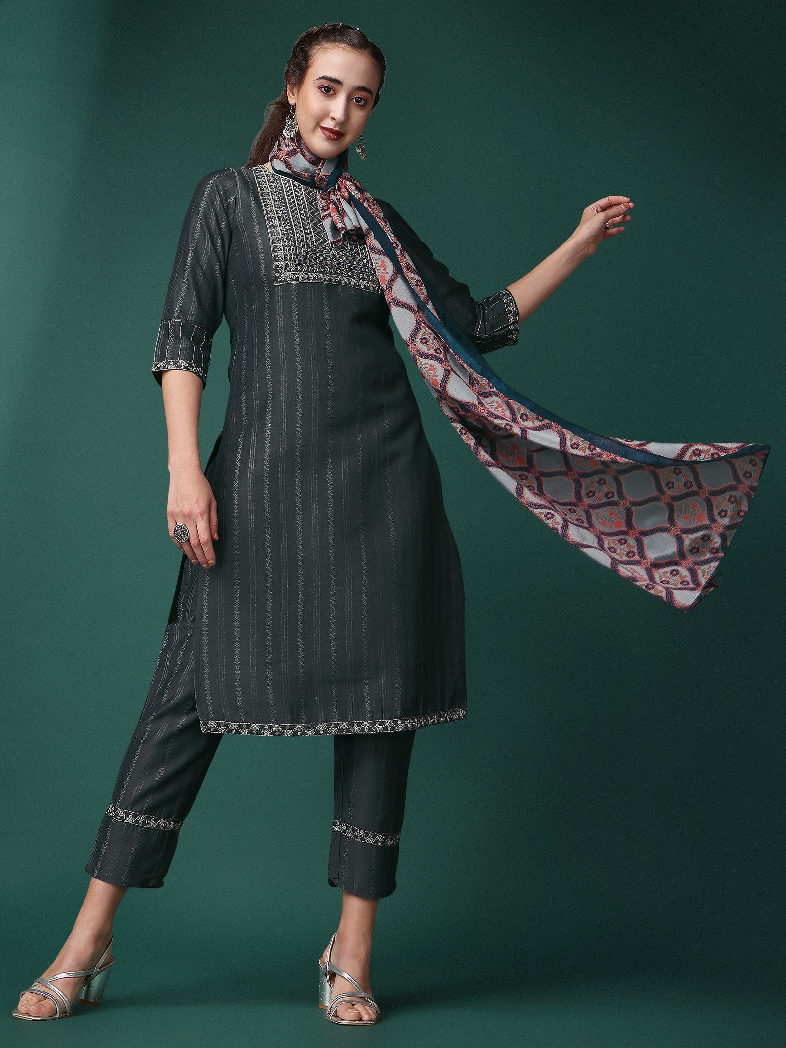 Grey Party Wear Embroidery Worked Kurta With Pant And Duppata Set Desi Soul