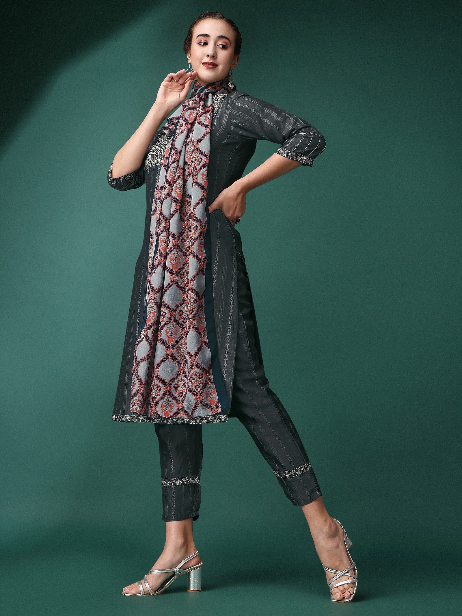 Grey Party Wear Embroidery Worked Kurta With Pant And Duppata Set Desi Soul