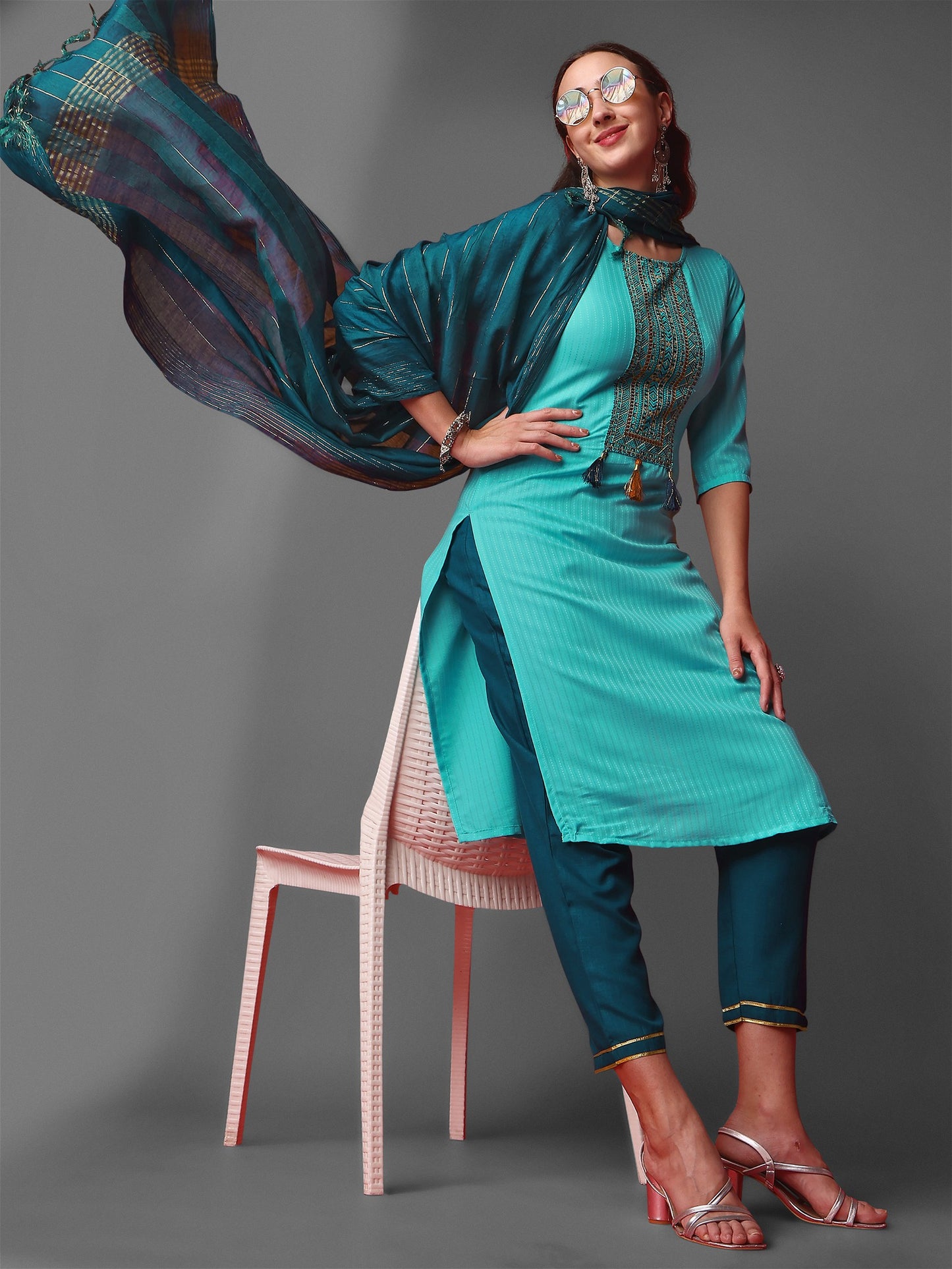 Sky Blue Party Wear Embroidery Worked Kurta With Pant And Duppata Set Desi Soul