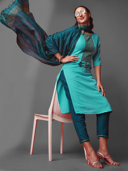 Sky Blue Party Wear Embroidery Worked Kurta With Pant And Duppata Set Desi Soul