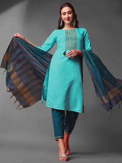 Sky Blue Party Wear Embroidery Worked Kurta With Pant And Duppata Set Desi Soul