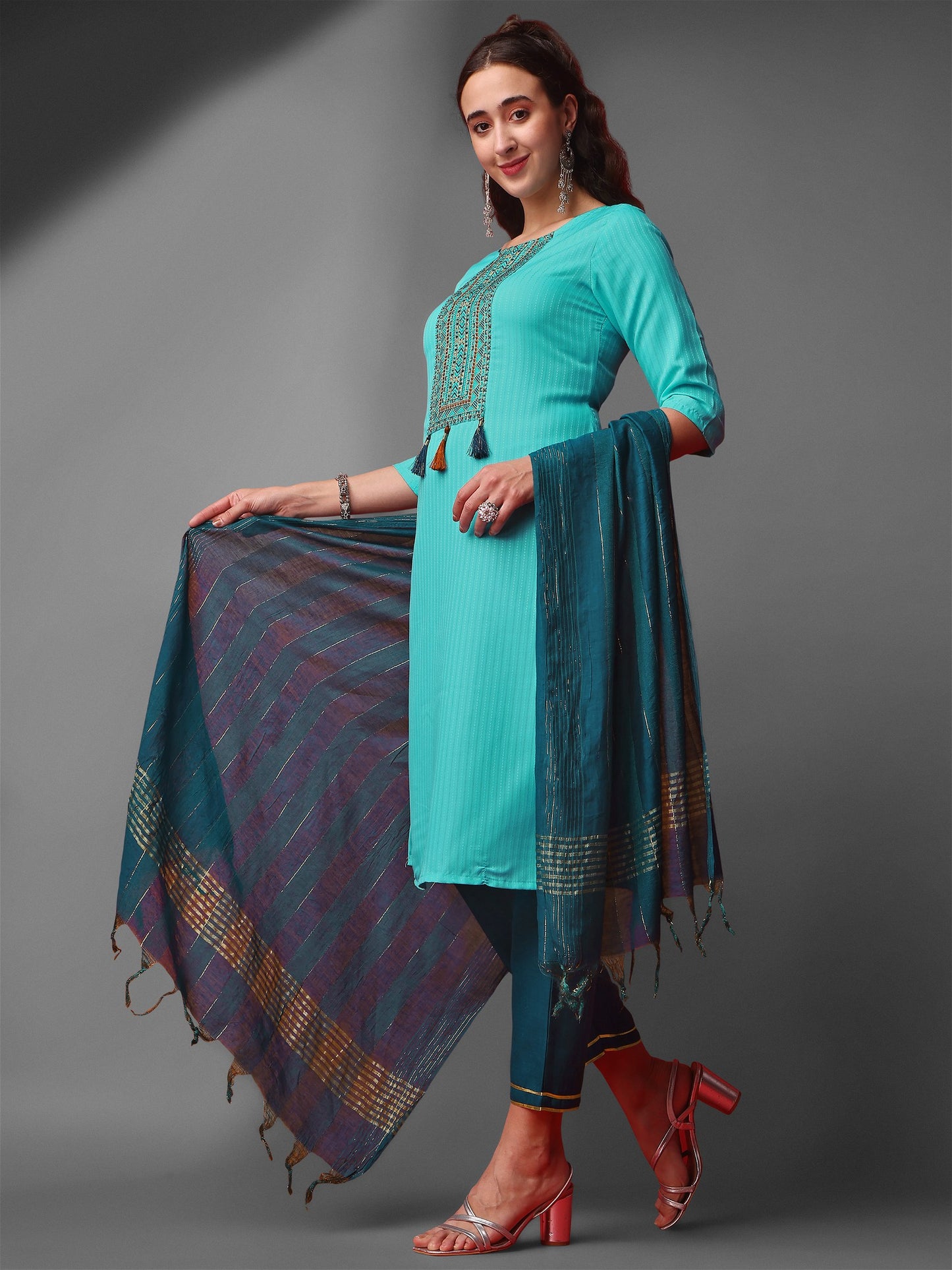 Sky Blue Party Wear Embroidery Worked Kurta With Pant And Duppata Set Desi Soul