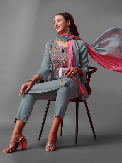 Grey Party Wear Embroidery Worked Kurta With Pant And Duppata Set Desi Soul