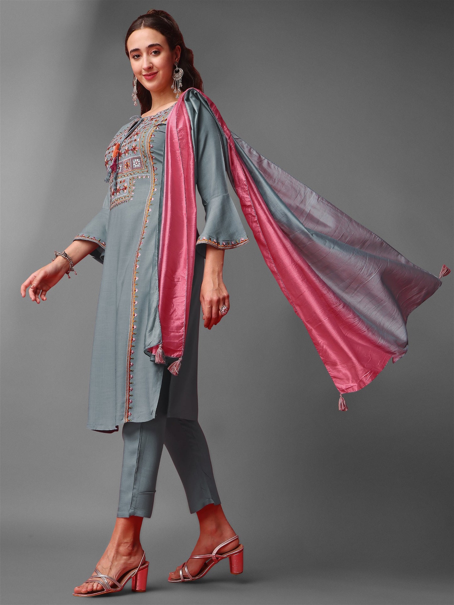 Grey Party Wear Embroidery Worked Kurta With Pant And Duppata Set Desi Soul