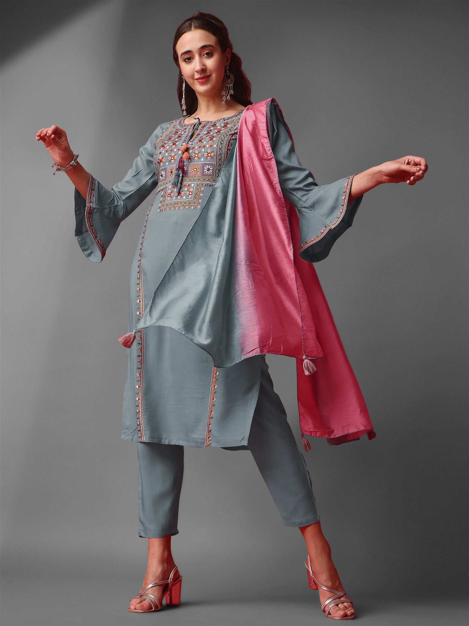 Grey Party Wear Embroidery Worked Kurta With Pant And Duppata Set Desi Soul