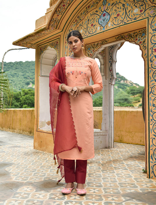 Peach Party Wear Embroidery Worked Kurta With Pant And Duppata Set Desi Soul