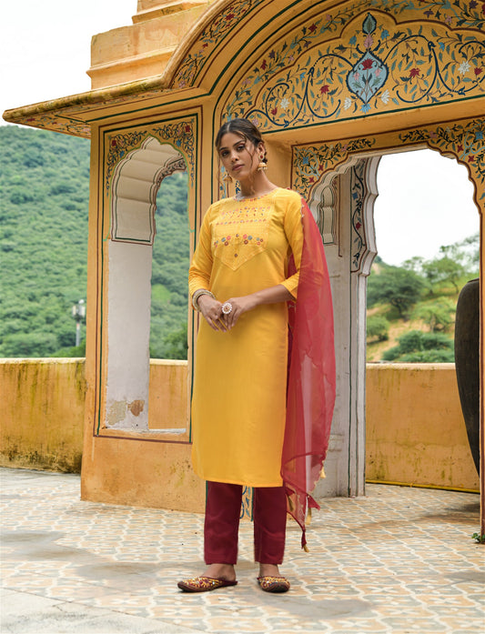 Yellow Party Wear Embroidery Worked Kurta With Pant And Duppata Set Desi Soul