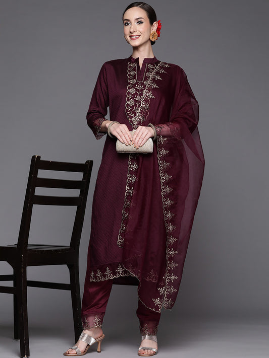 Wine Party Wear Embroidery Worked Kurta With Pant And Duppata Set Desi Soul