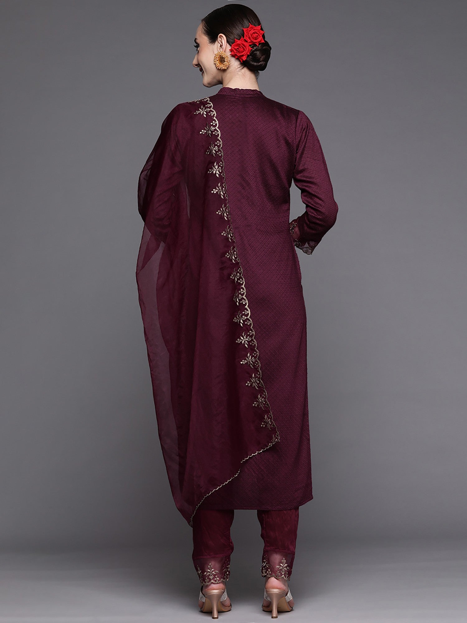 Wine Party Wear Embroidery Worked Kurta With Pant And Duppata Set Desi Soul